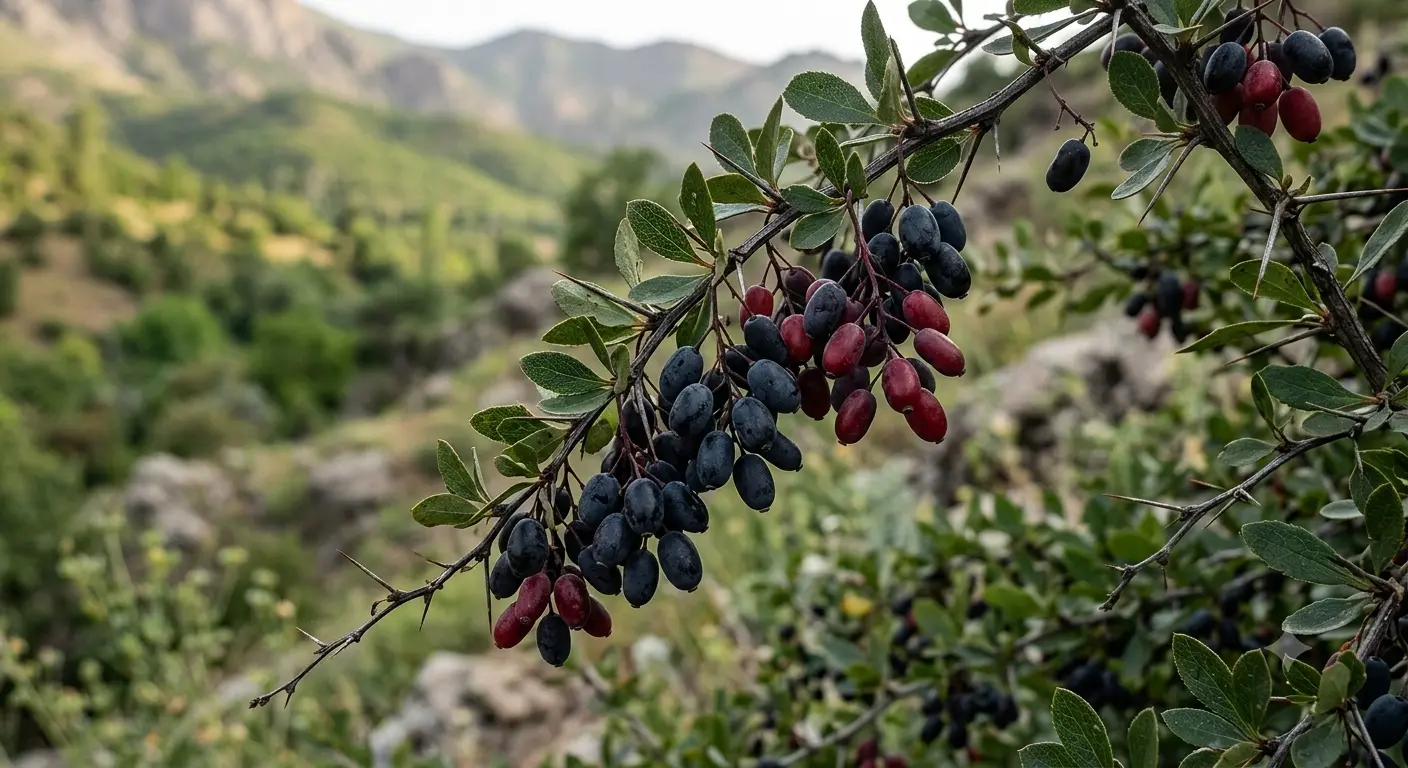 نمای کامل بوته زرشک سیاه با شاخه های خاردار و میوه های رسیده