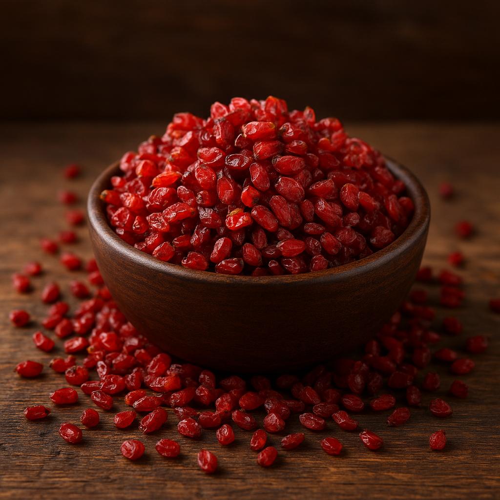 زرشک صادراتی ایران در ظرف چوبی با رنگ طبیعی و کیفیت مناسب برای صادرات
