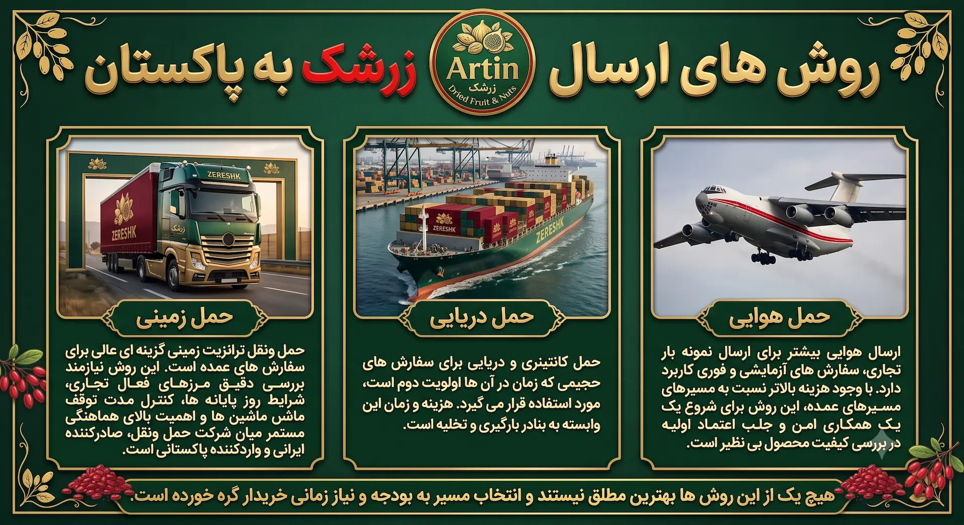 ارسال و صادارت زرشک به پاکستان روش های حمل و نقل