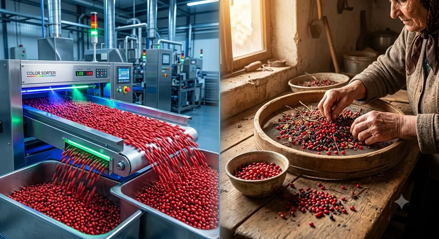 مقایسه بصری روش سورتینگ دستی و سنتی زرشک در برابر سورت لیزری اتوماتیک