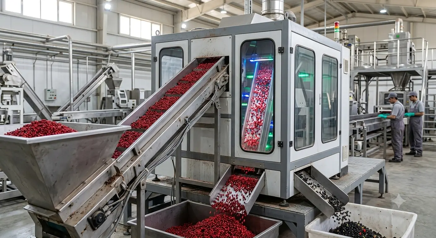 دستگاه سورت لیزری (Color Sorter) در حال جداسازی دانه های زرشک روی نوار نقاله در خط تولید